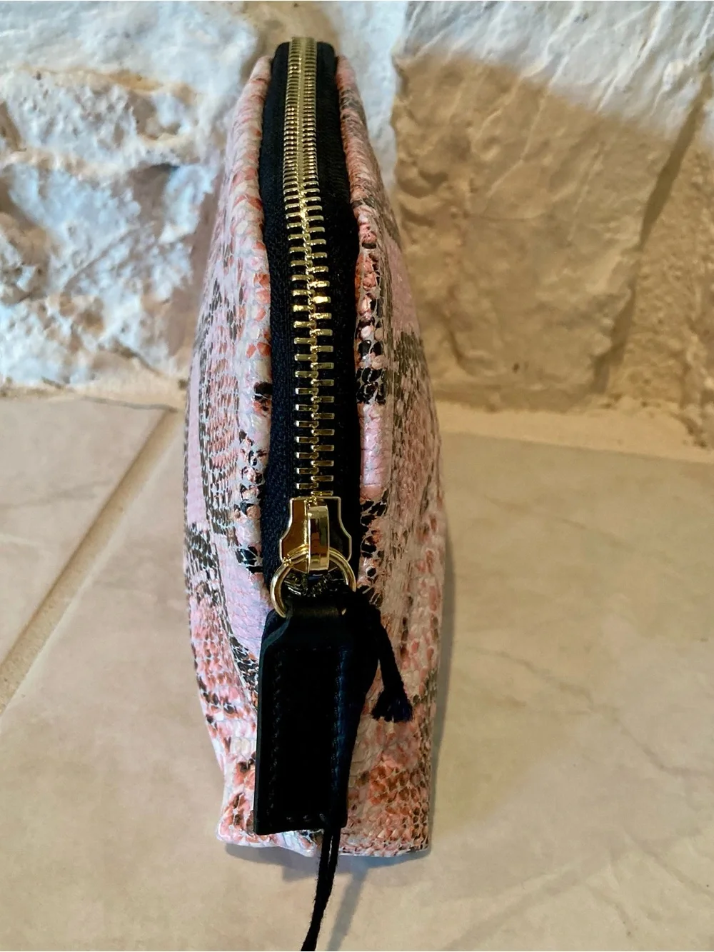 NWT Claudia Firenze pink, black, white leather snakeskin patterned makeup pouch